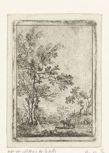 Landschap met hoge boompartij en paard en wagen by Hermanus Fock, print, 1781-1822