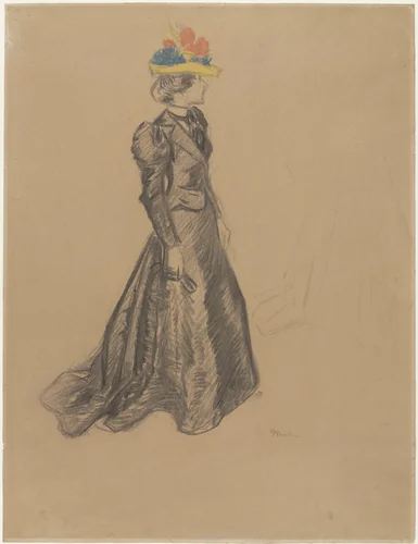 Staande dame in zwart complet met sleep, en een gekleurde strooien hoed met zomerbloemen by Théophile Alexandre Steinlen, drawing, 1869-1923