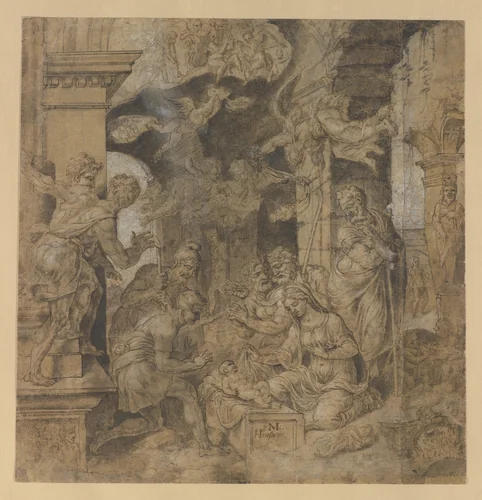 The Adoration of the Shepherds (recto); Sketches (verso) by Maarten van Heemskerck, drawing, 1526-1542