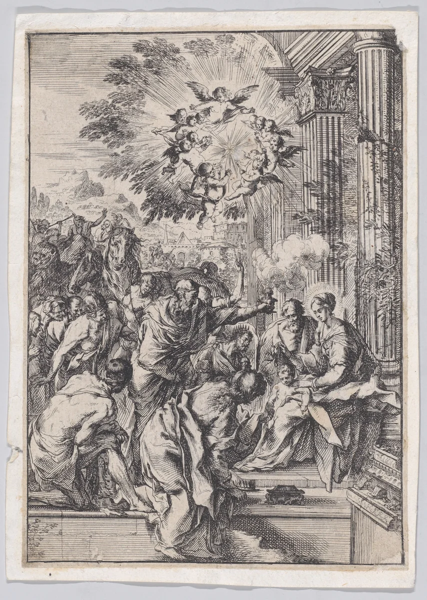 The Adoration of the Magi, set before and architectural colonnade by Pietro Testa, print, 1620-1650