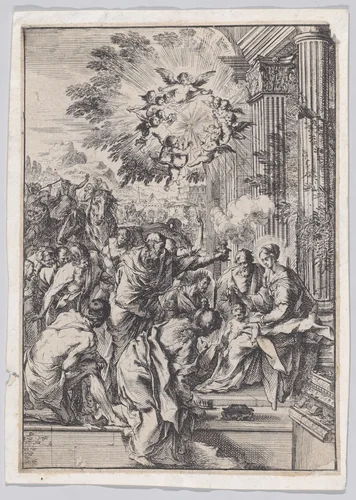 The Adoration of the Magi, set before and architectural colonnade by Pietro Testa, print, 1620-1650