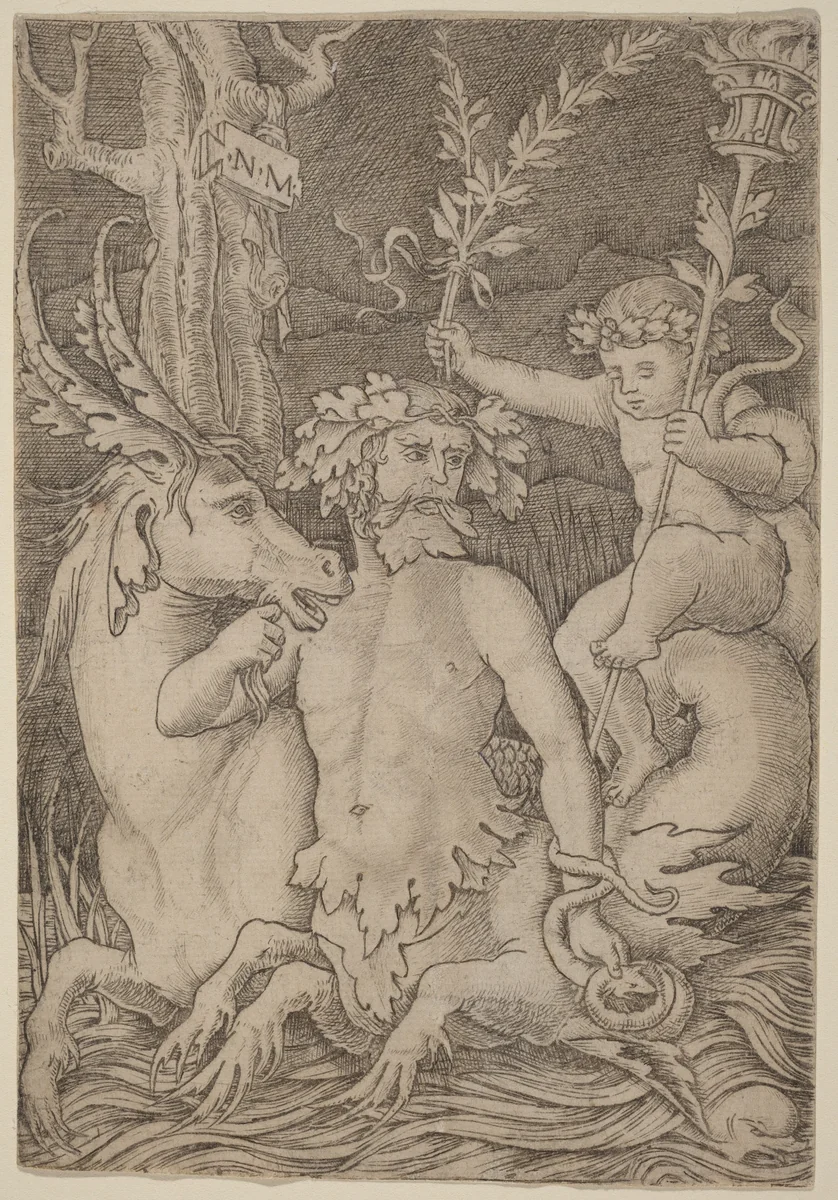 Triton Carrying a Child by Nicoletto da Modena, print, 1507