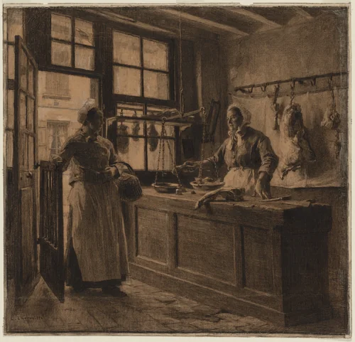 Interior of a Butcher Shop by Léon Augustin Lhermitte, drawing, 1876-1886