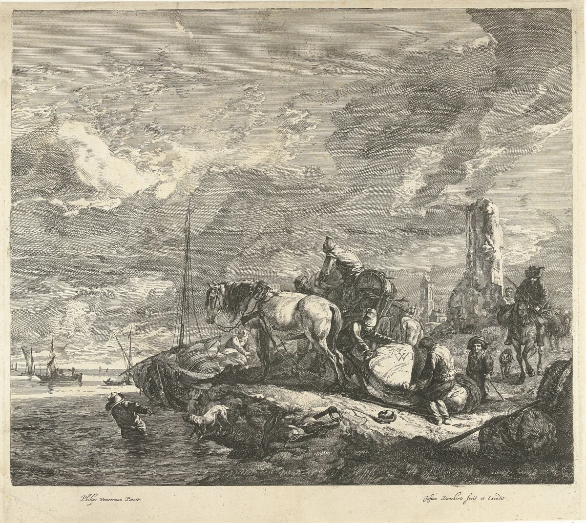 Lading van schip wordt gelost aan de kust by Dancker Danckerts, print, 1633-1679