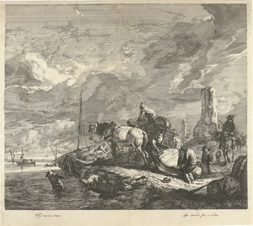 Lading van schip wordt gelost aan de kust by Dancker Danckerts, print, 1633-1679