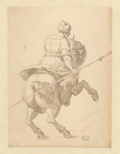 Ruiter te paard, naar rechts by anonymous, drawing, 1590-1612
