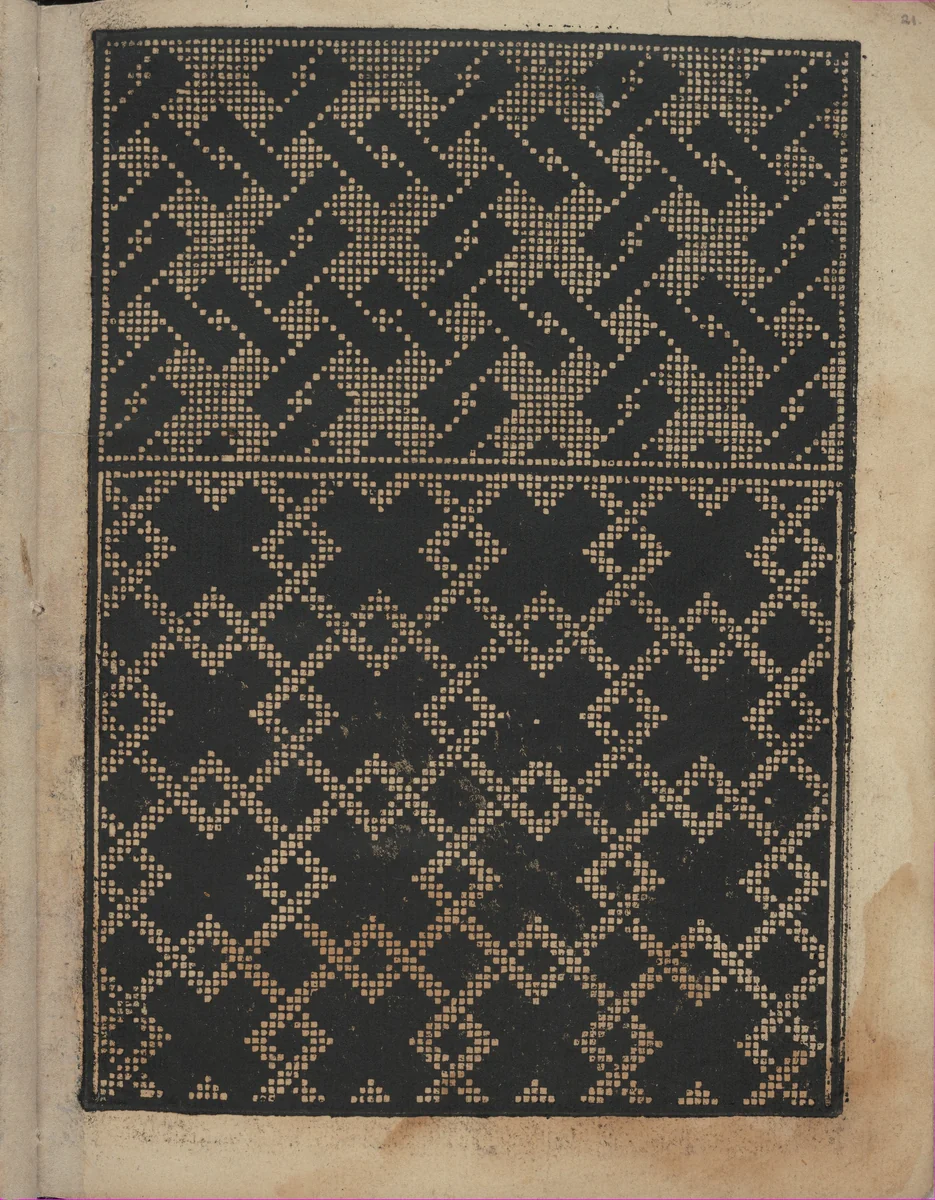 Libbretto nouellamete composto per maestro Domenico da Sera...lauorare di ogni sorte di punti, page 21 (recto) by Domenico da Sera, book, 1532