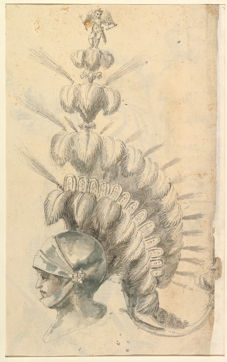 Design for an with Tournament Headdress by Baccio del Bianco, drawing, 1604-1656