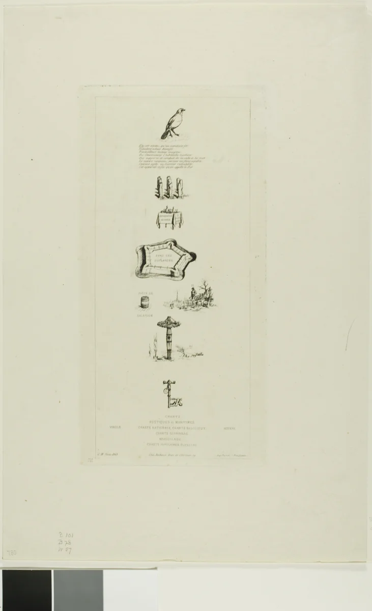 Rebus: Béranger was not Really Strong, for he Never had the Key of the Fields by Charles Meryon, print, 1863