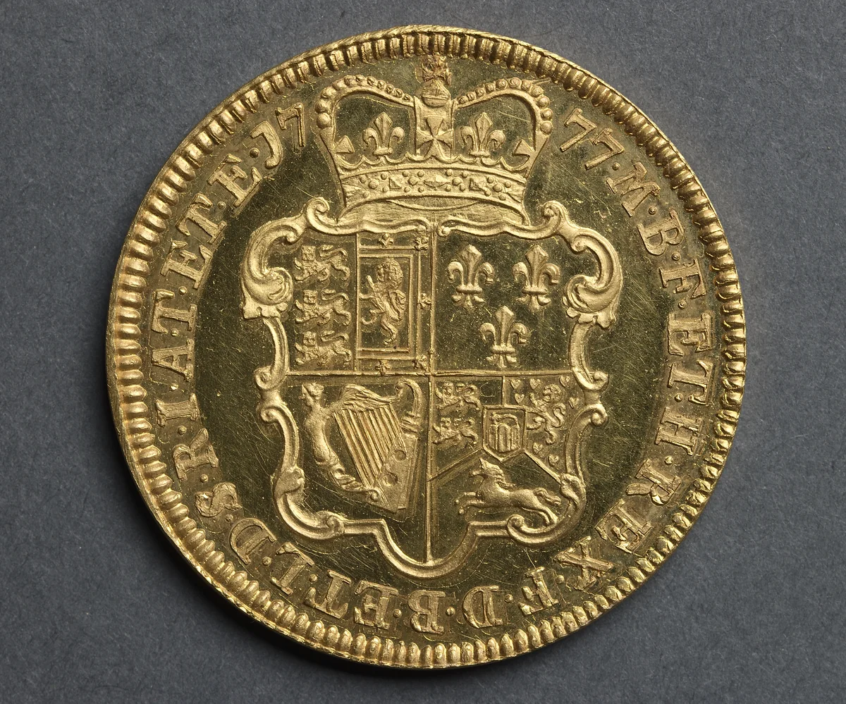 Five Guineas: Ornate Crowned Shield of Arms (reverse) by Richard Yeo, metalwork, 1777