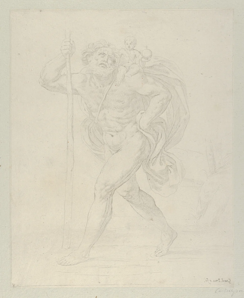 Saint Christopher walking with the infant Christ on his left shoulder by Guido Reni, print, 1595-1605