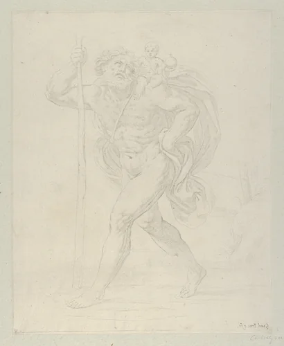 Saint Christopher walking with the infant Christ on his left shoulder by Guido Reni, print, 1595-1605
