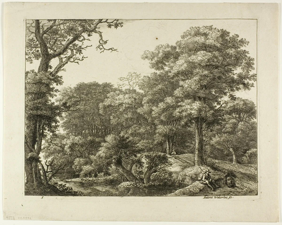 The Wayfarer Resting in the Forest by Anthonie Waterloo, print, 1630-1690