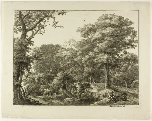 The Wayfarer Resting in the Forest by Anthonie Waterloo, print, 1630-1690