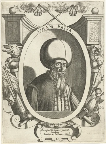 Portret van Sinan Bassa by Dominicus Custos, print, 1579-1615
