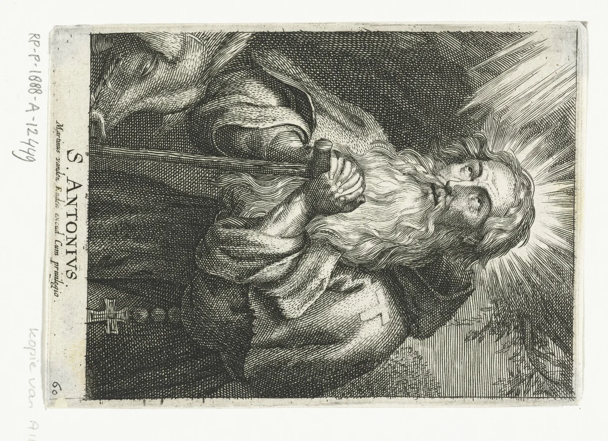 Heilige Antonius de Grote met taustaf en varken by anonymous, print, 1596-1709