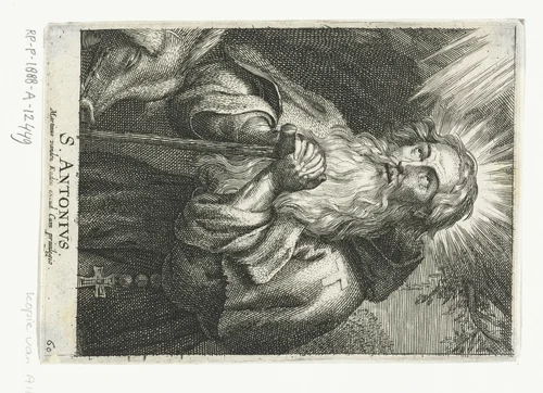 Heilige Antonius de Grote met taustaf en varken by anonymous, print, 1596-1709