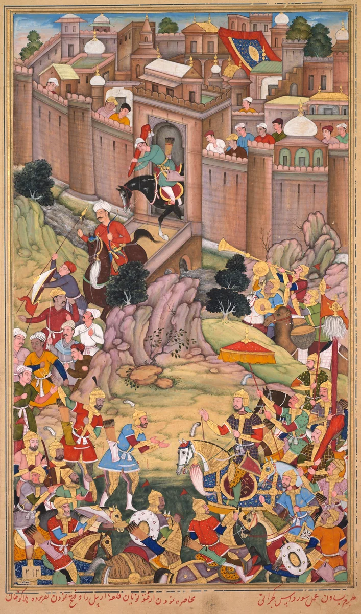The siege of Arbela in the era of Hulagu Khan, page from a Chingiz-nama (Book of Chingiz Khan) of the Jami al-tavarikh (Compendium of Chronicles) of Rashid al-Din (Persian,1247–1318) by Basavana, painting, 1591-1601