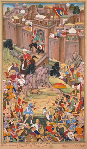 The siege of Arbela in the era of Hulagu Khan, page from a Chingiz-nama (Book of Chingiz Khan) of the Jami al-tavarikh (Compendium of Chronicles) of Rashid al-Din (Persian,1247–1318) by Basavana, painting, 1591-1601