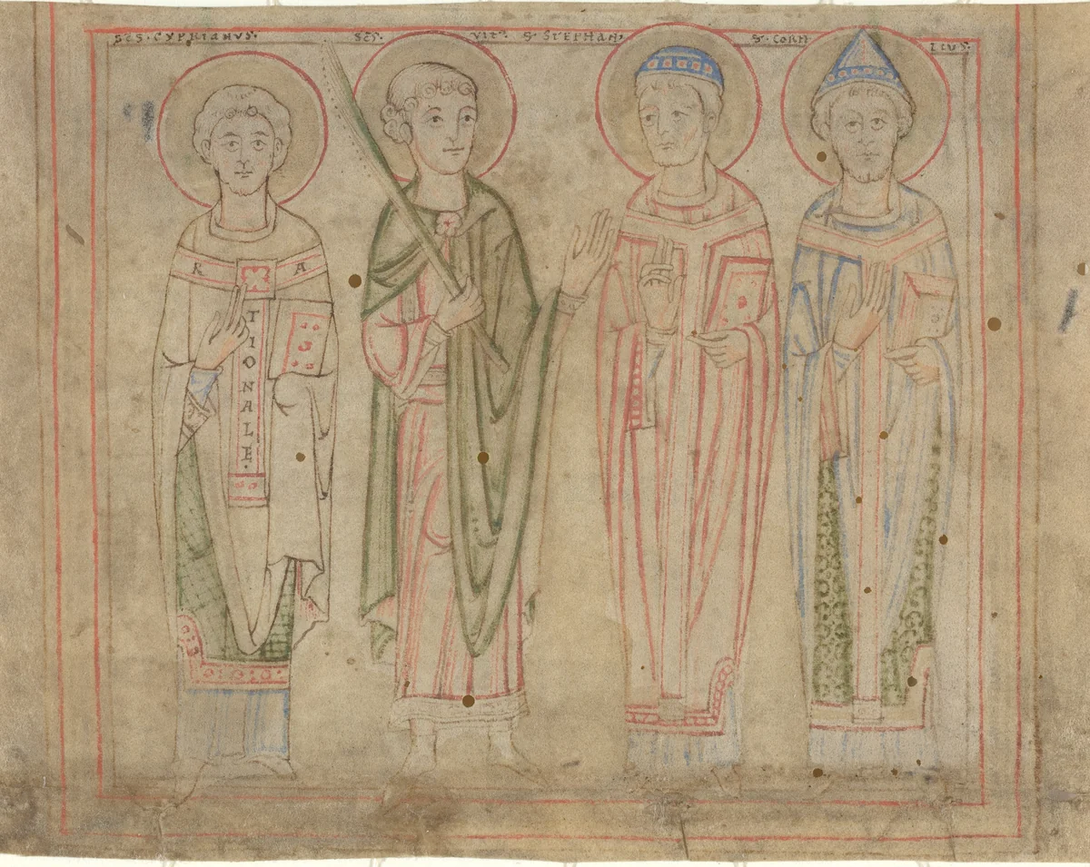 Saints Cyprian, Vitus, Stephan, and Cornelius by anonymous, drawing, 1150-1175