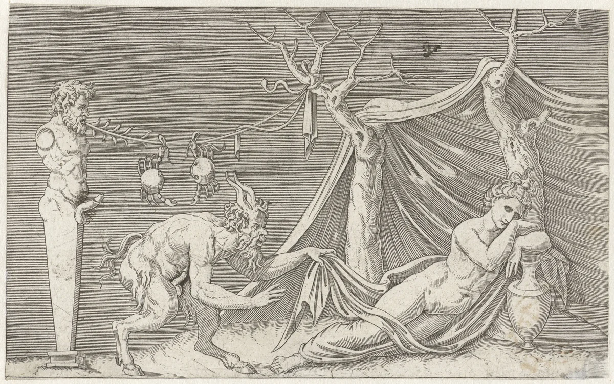 Satyr besluipt een slapende nimf by Marcantonio Raimondi, print, 1510-1527