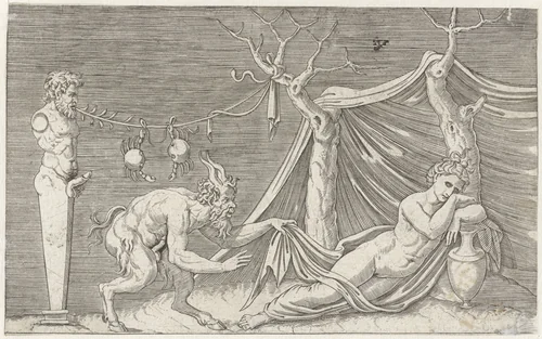 Satyr besluipt een slapende nimf by Marcantonio Raimondi, print, 1510-1527