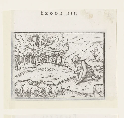 Mozes en de brandende braamstruik by Hans Holbein, print, 1538