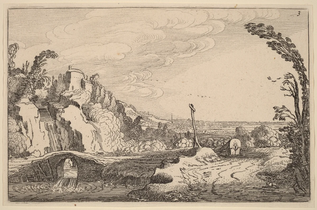 Cascade under a Stone Bridge by Jan van de Velde, print, 1616