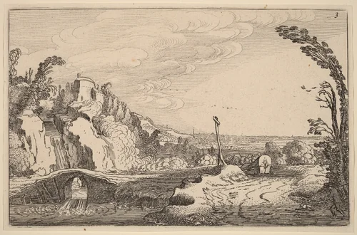 Cascade under a Stone Bridge by Jan van de Velde, print, 1616