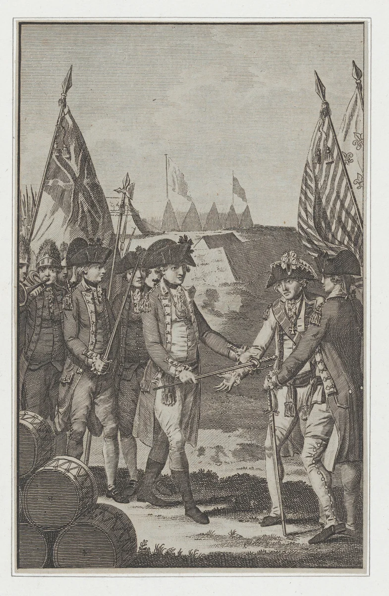 The Surrender of Earl Cornwallis (Lieutenant General of the British Army in North America) to General Washington & Count De Rochambeau, on the 19th of October, 1781, from Barnard's New, Complete and Authentic History of England by T. Thornton, print, 1781-1791