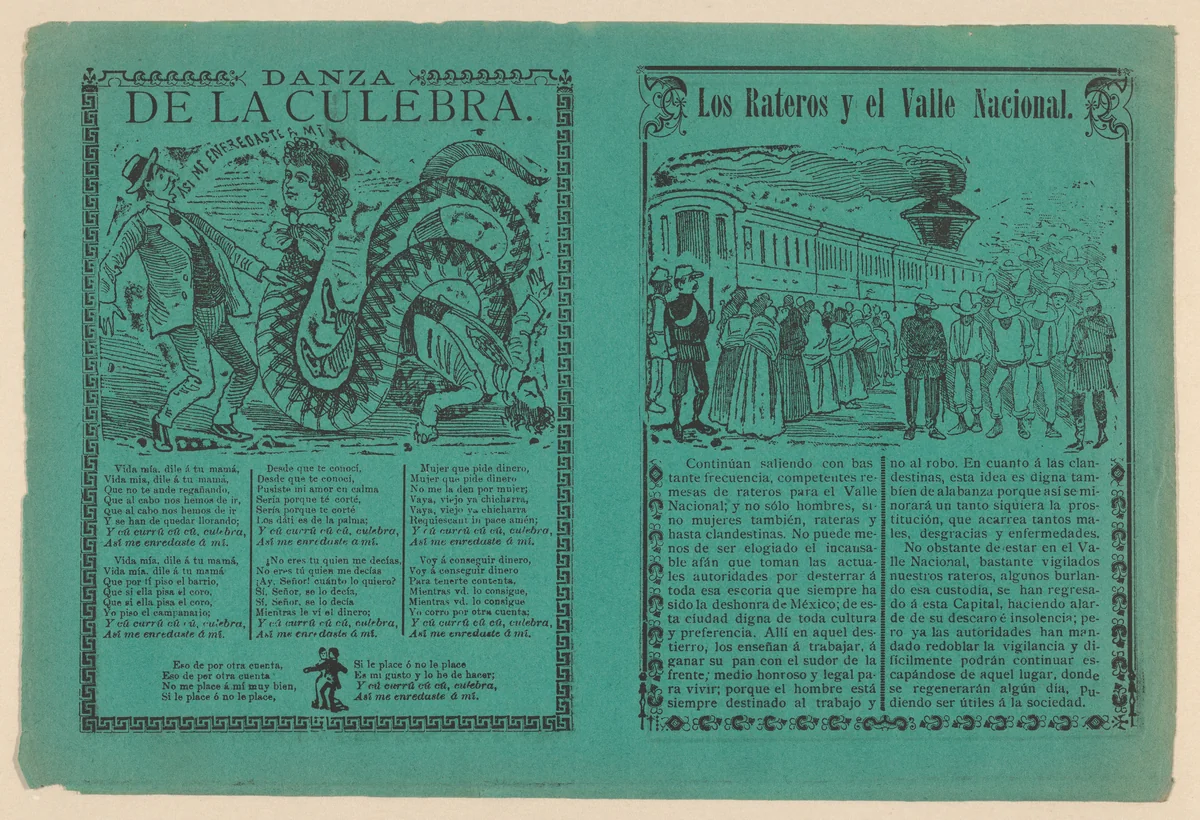 Front and back covers of a phamplet relating to the story 'The thieves and the National Valley' with illustration of Indigenous men and women being herded by men in military uniforms towards a train, on the verso 'Dance of the Snake' and a corrido by José Guadalupe Posada, print, 1894-1904