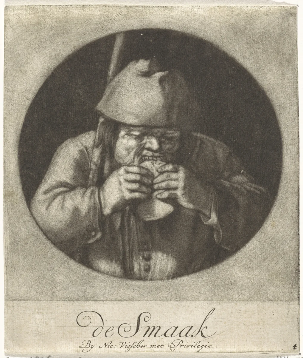 De Smaak: etende man by Jacob Gole, print, 1670-1709