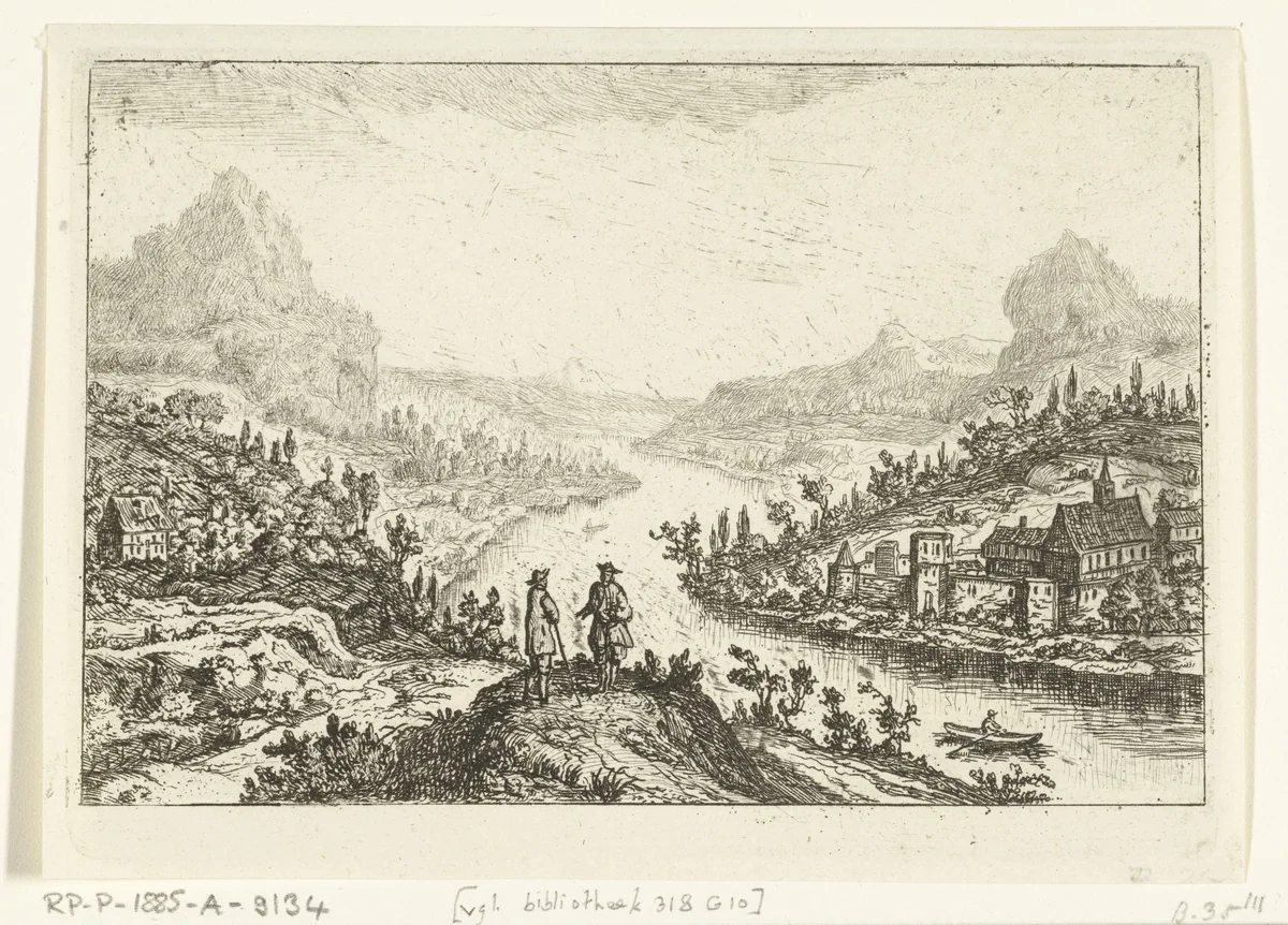 Rivierlandschap met twee mannen op een heuvel by Jan van Almeloveen, print, 1662-1683