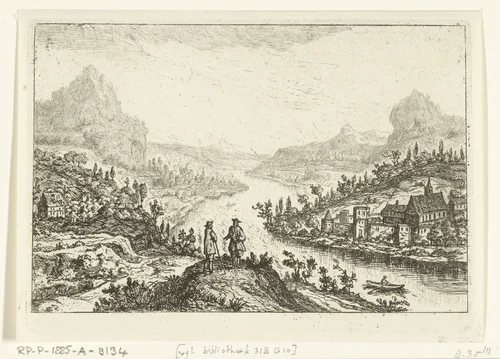 Rivierlandschap met twee mannen op een heuvel by Jan van Almeloveen, print, 1662-1683