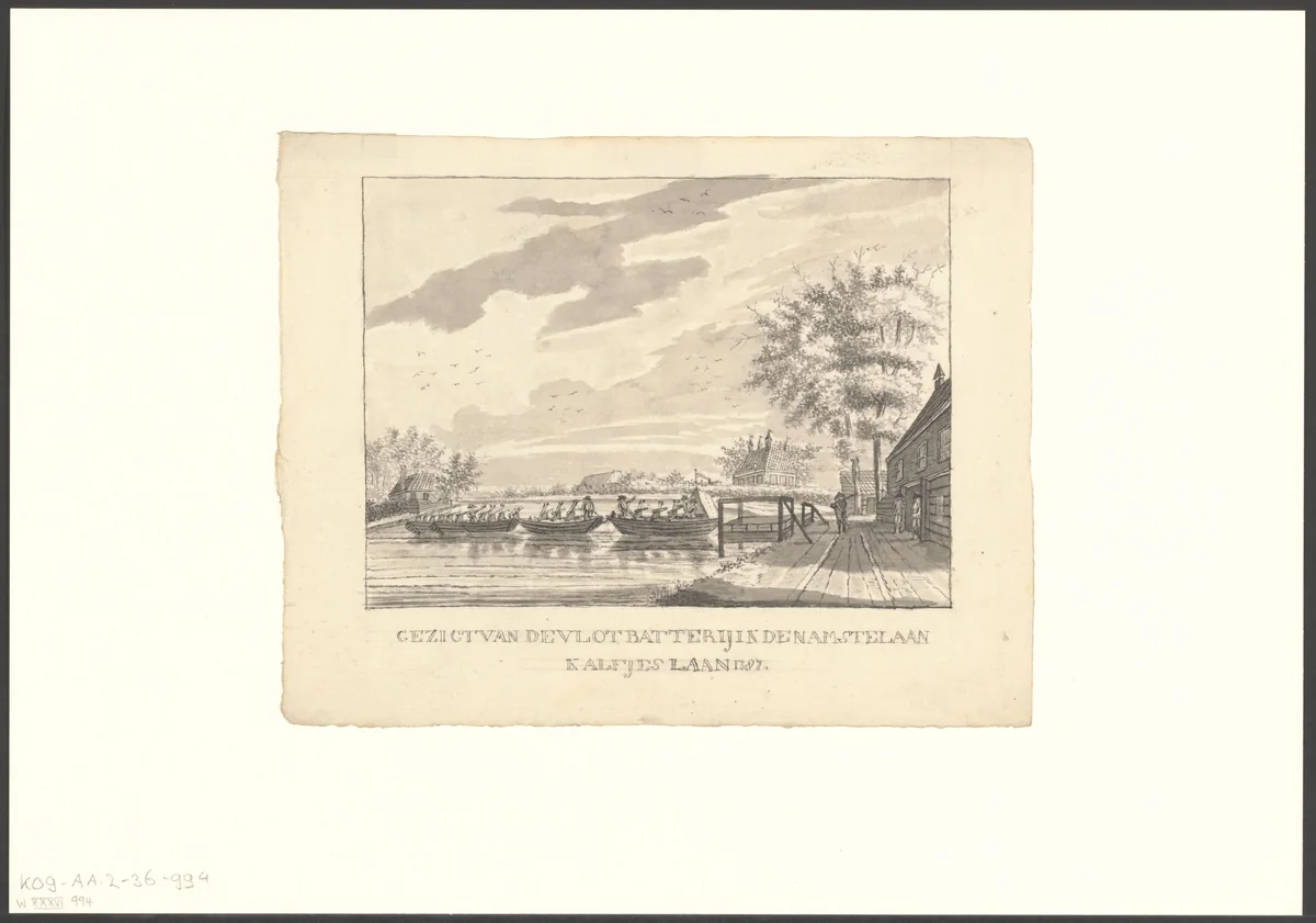 Gezicht op een batterij op de Amstel aan de Kalfjeslaan by anonymous, drawing, 1787-1899