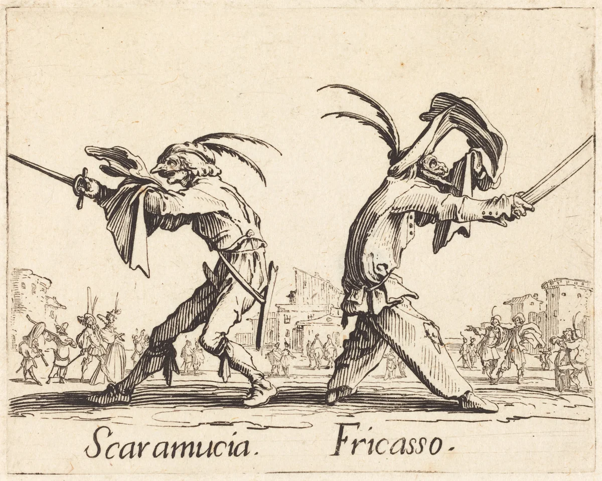 Scaramucia and Fricasso by Jacques Callot, print, 1622