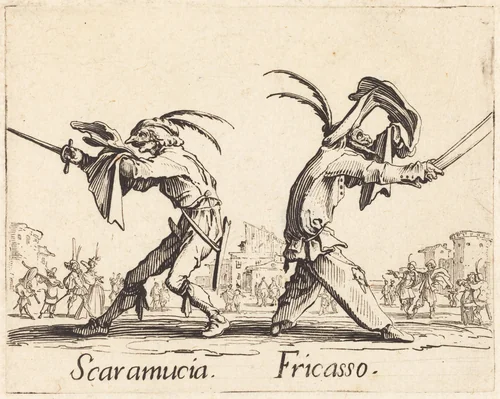 Scaramucia and Fricasso by Jacques Callot, print, 1622