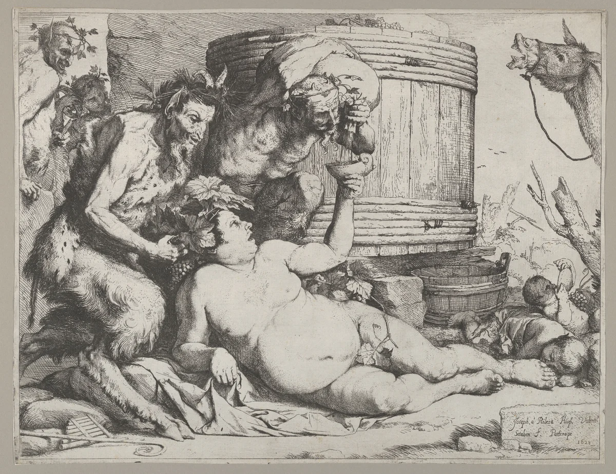 Drunken Silenus holding a cup aloft into which a Satyr pours wine by Jusepe de Ribera, print, 1628