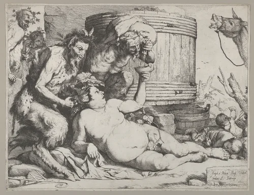 Drunken Silenus holding a cup aloft into which a Satyr pours wine by Jusepe de Ribera, print, 1628
