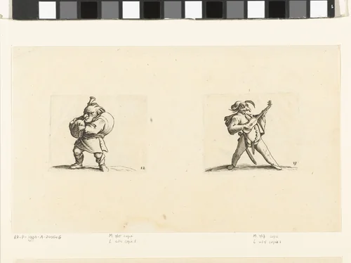 Kleine mens (karikatuur) met doedelzak; commedia dell'arte-figuur met gitaar, zwaard en masker by Abraham Bosse, print, 1621-1676