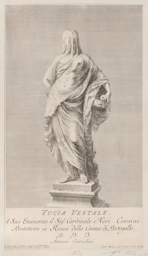 Statue of Tuccia, the ancient Roman Vestal Virgin (Tucia Vestale) by Francesco Monaco, print, 1743-1753
