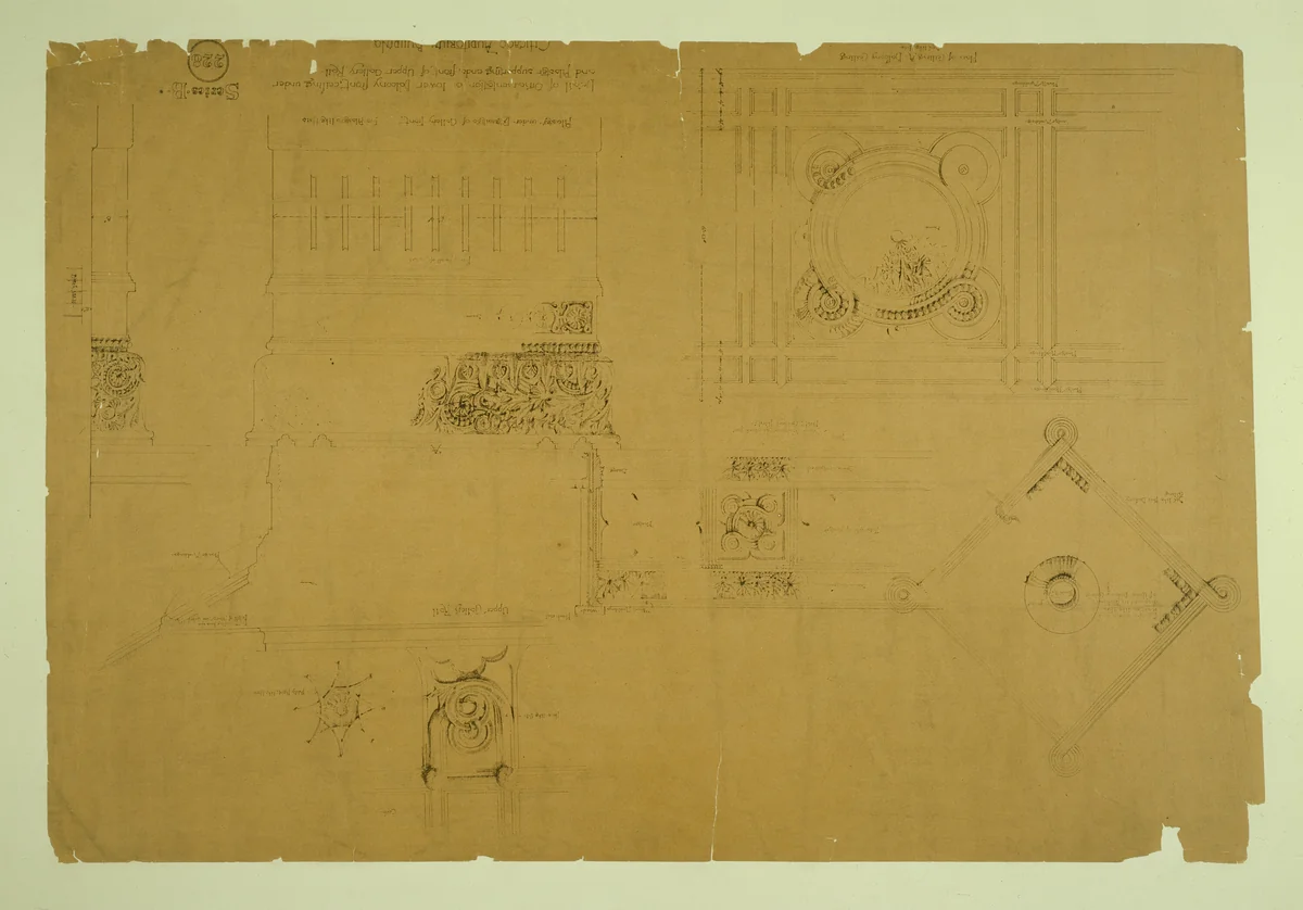 Auditorium Building, Chicago, Illinois, Plaster Details for Balcony by Adler and Sullivan, drawing, 1886-1889