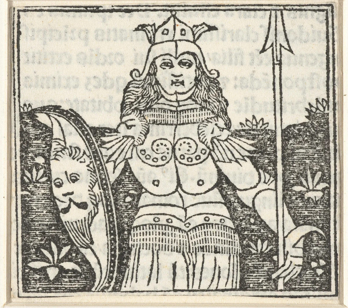 Vrouw in wapenrusting met speer en wapenschild by anonymous, print, 1480-1499