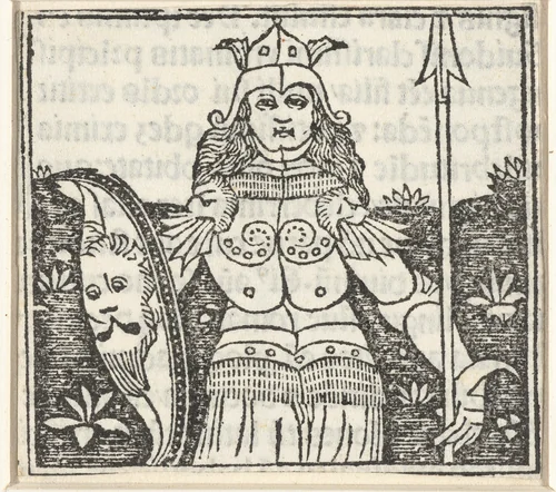 Vrouw in wapenrusting met speer en wapenschild by anonymous, print, 1480-1499