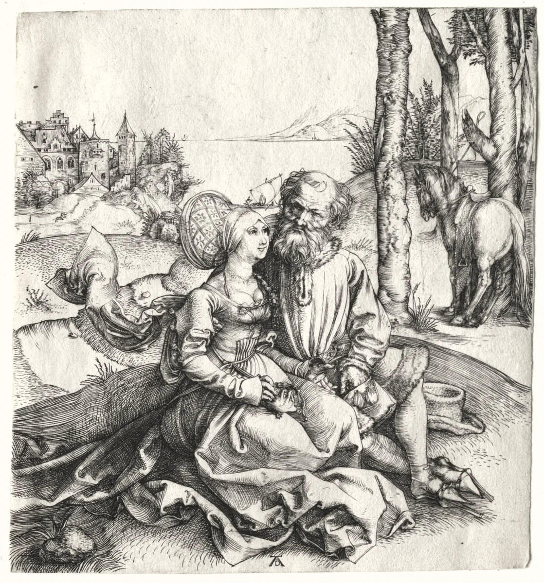 The Offer of Love (or The Ill-Assorted Couple) by Albrecht Dürer, print, 1495-1496