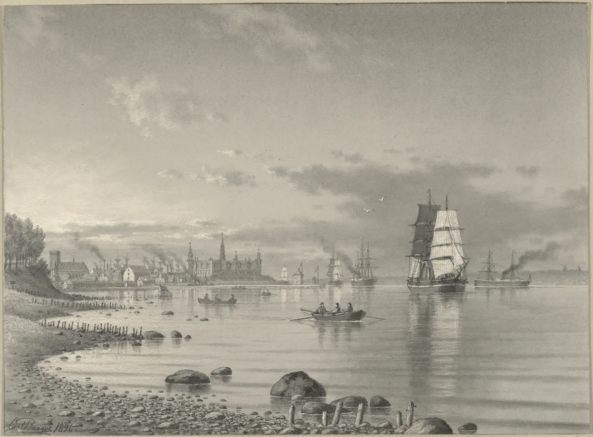 Shipping on the Oresund with Helsingor and Kronborg Castle in the Distance by Carl Emil Baagöe, drawing, 1896