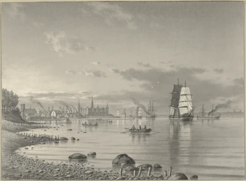 Shipping on the Oresund with Helsingor and Kronborg Castle in the Distance by Carl Emil Baagöe, drawing, 1896