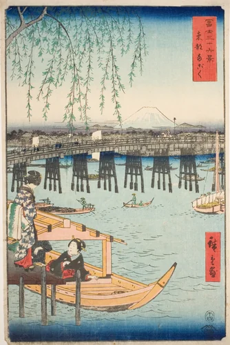 Ryogoku Bridge in the Eastern Capital (Toto Ryogoku), from the series "Thirty-six Views of Mount Fuji (Fuji sanjurokkei)" by Utagawa Hiroshige (歌川広重), print, 1858