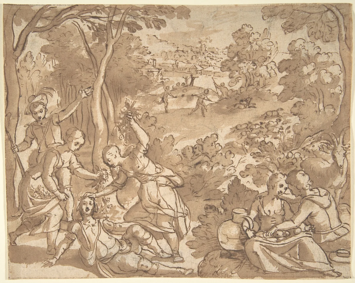 Landscape with Lovers and Hunters by Adam van Noort, drawing, 1570-1641