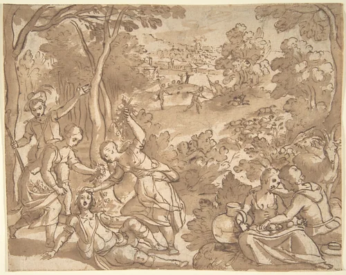 Landscape with Lovers and Hunters by Adam van Noort, drawing, 1570-1641